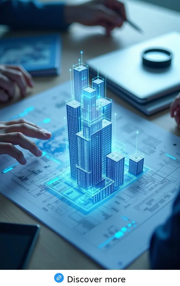 Enterprise transformation blueprint — a holographic city rising from architectural plans